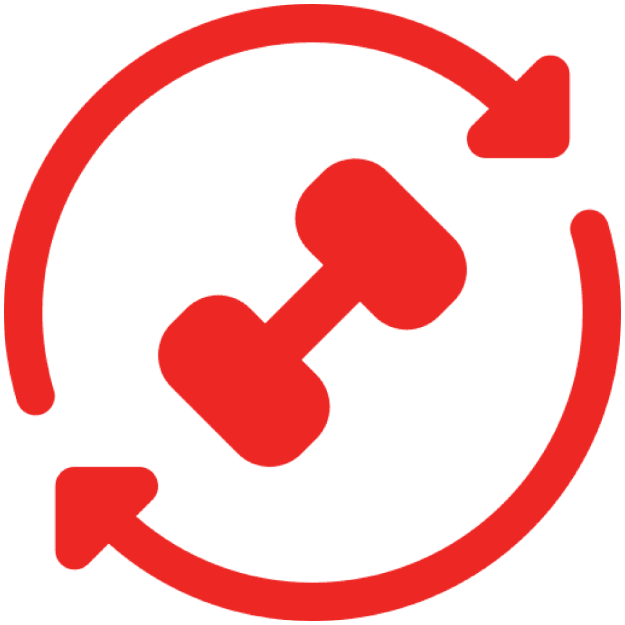 Red dumbbell with circular arrows icon